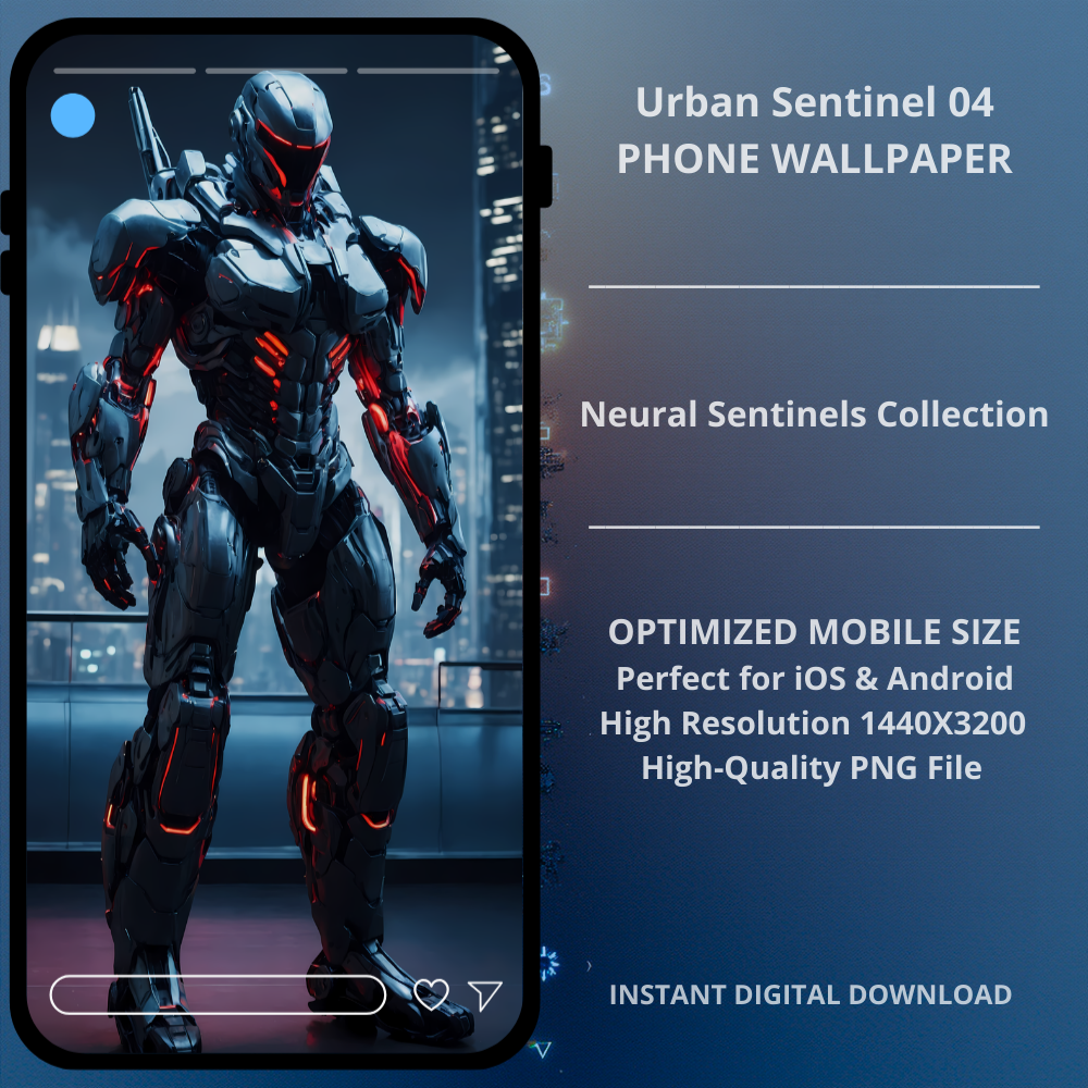 Sci-fi cyberpunk phone wallpaper featuring Urban Sentinel 04. Urban Sentinel 04 presents a full-body cybernetic guardian standing against a futuristic skyline. Sharp metallic armor, aggressive red neural lighting, and a balanced vertical composition create a bold sci-fi aesthetic perfect for modern smartphone screens.