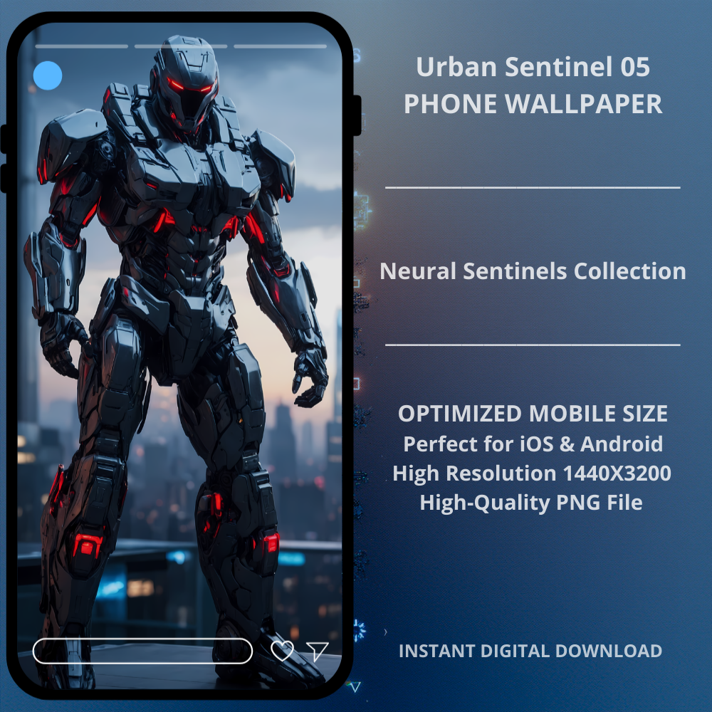 Sci-fi cyberpunk phone wallpaper featuring Urban Sentinel 05. Urban Sentinel 05 features a full-body cybernetic guardian standing on a futuristic rooftop overlooking a neon-lit megacity. Sharp mechanical armor, intense red neural highlights, and a strong vertical composition create a bold, high-tech atmosphere perfect for modern smartphone screens.