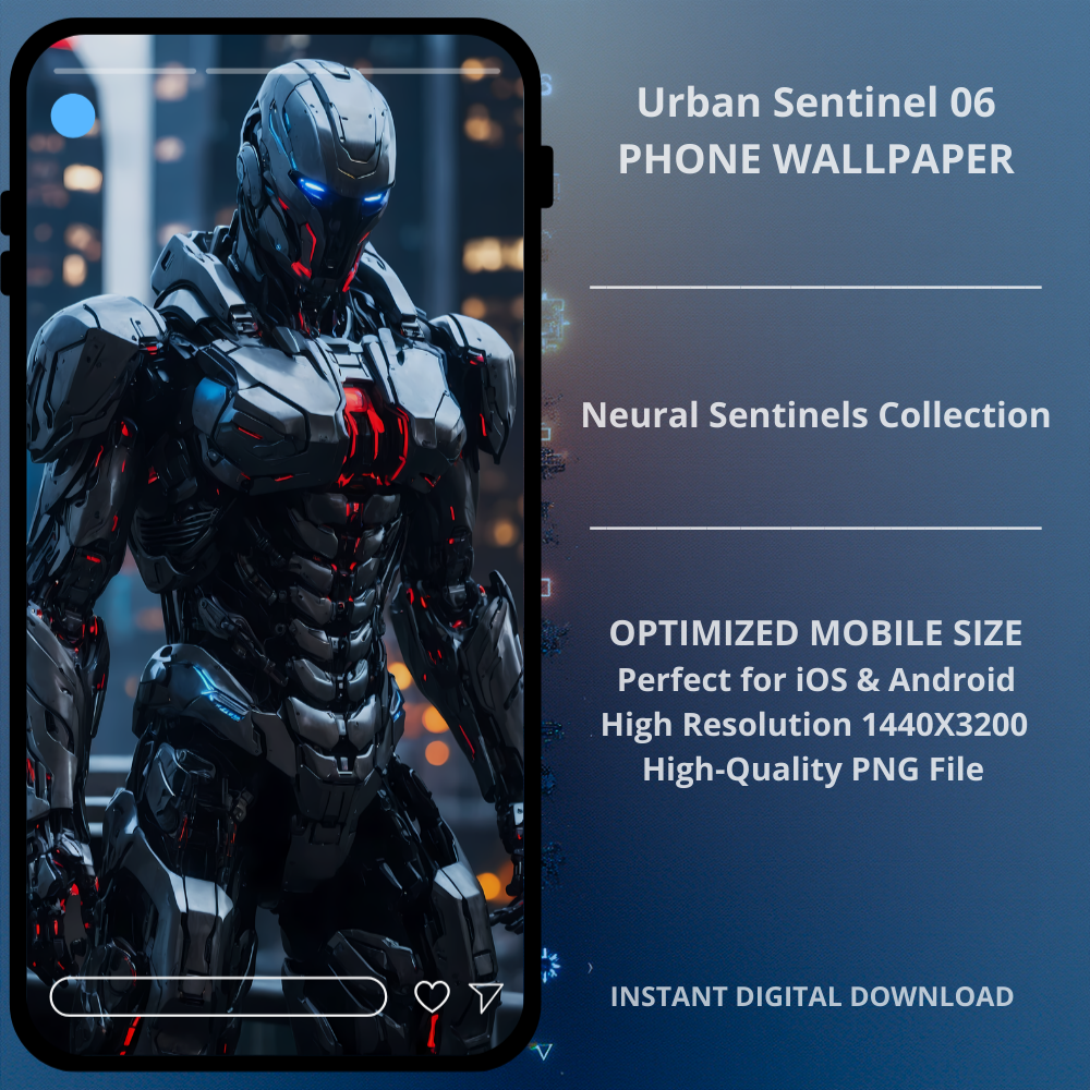 Sci-fi cyberpunk phone wallpaper featuring Urban Sentinel 06. Urban Sentinel 06 presents a futuristic cyborg guardian illuminated by striking blue optical lights contrasted with intense red neural core elements. The close-up armored composition emphasizes precision mechanical detailing, sleek metallic surfaces, and a high-tech urban backdrop.