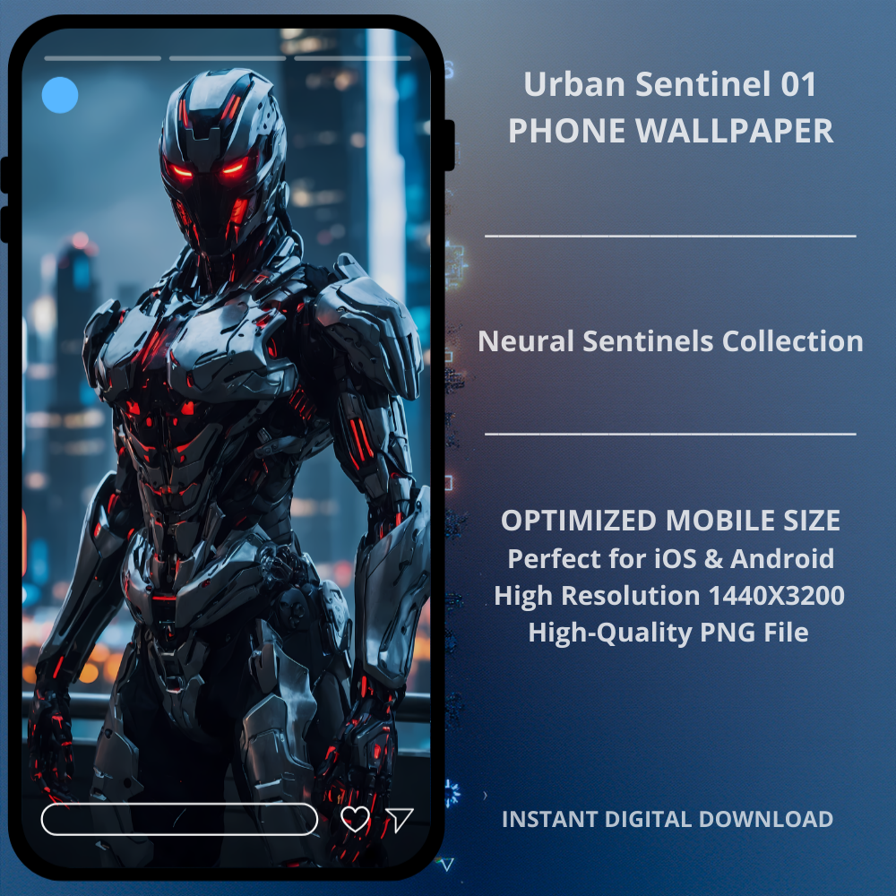Sci-fi cyberpunk phone wallpaper featuring Urban Sentinel 01. Urban Sentinel 01 is a futuristic cyborg wallpaper set in a high-tech urban environment. Clean composition, sharp mechanical details, and glowing red neural elements make this design ideal for modern smartphone lock screens and home screens.