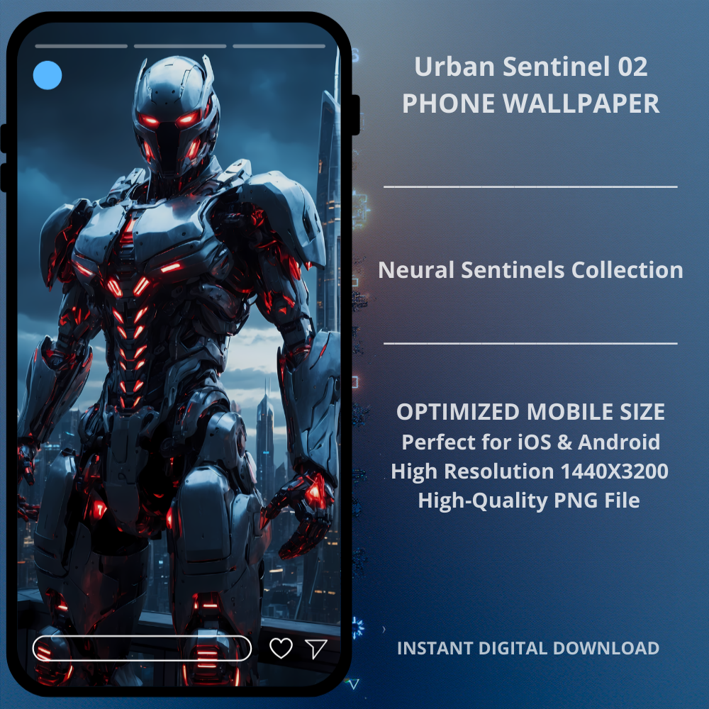 Sci-fi cyberpunk phone wallpaper featuring Urban Sentinel 02. Urban Sentinel 02 presents a powerful cybernetic guardian standing against a futuristic skyline. Detailed armored plating, intense red core illumination, and a cinematic night-city atmosphere create a bold sci-fi composition for modern smartphones.