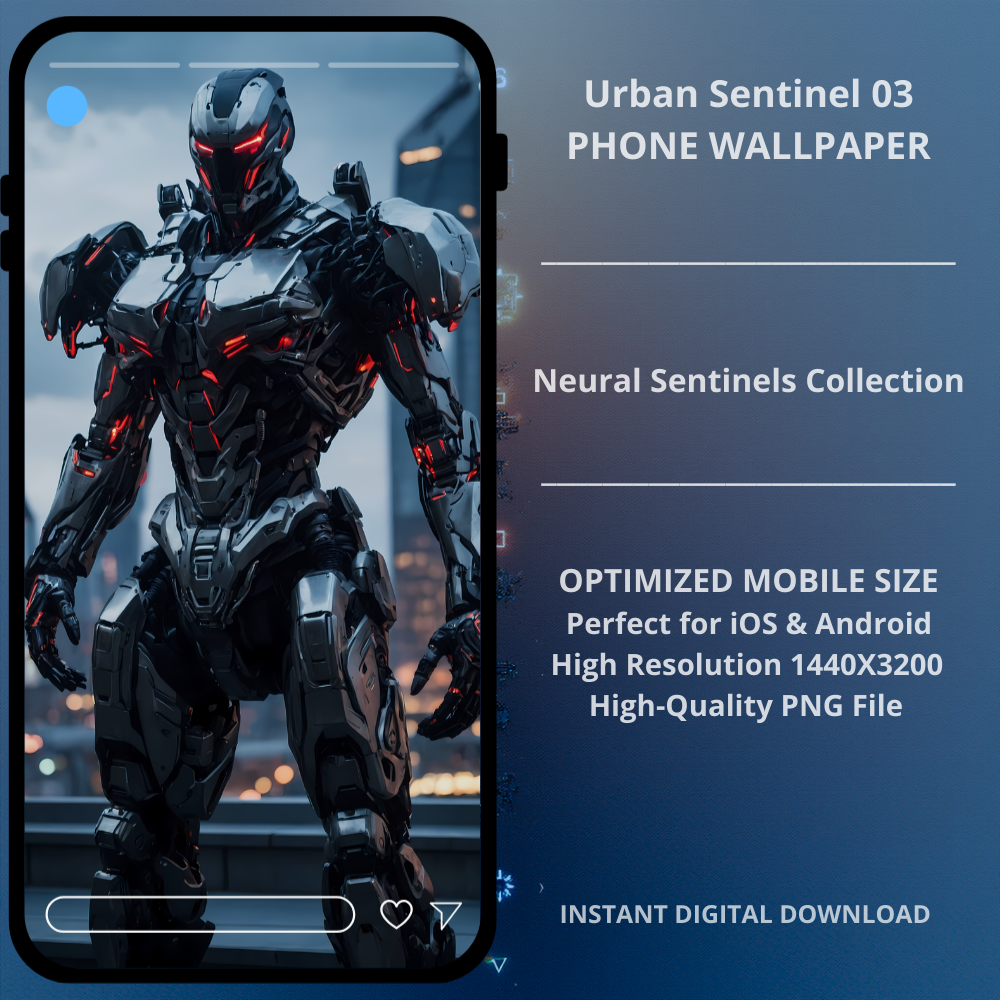 Sci-fi cyberpunk phone wallpaper featuring Urban Sentinel 03. Urban Sentinel 03 features a heavily armored cybernetic guardian captured in a dynamic three-quarter stance. Intense red neural lighting contrasts with cold metallic plating and a futuristic skyline, creating a powerful sci-fi atmosphere designed for bold, modern lock screens.