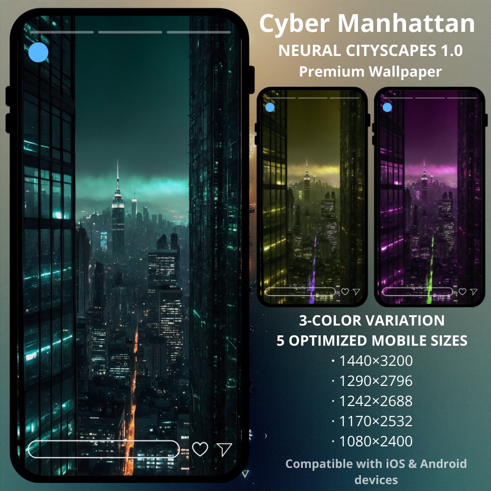 Sci-fi cyberpunk phone wallpaper featuring Cyber Manhattan NEURAL CITYSCAPES 1.0. A familiar skyline reimagined through neon haze and digital darkness. CYBER MANHATTAN is a premium cyberpunk wallpaper collection inspired by dense urban canyons and endless city lights. Framed between towering skyscrapers, the glowing skyline stretches into the distance, blending realism with a futuristic, cinematic atmosphere.