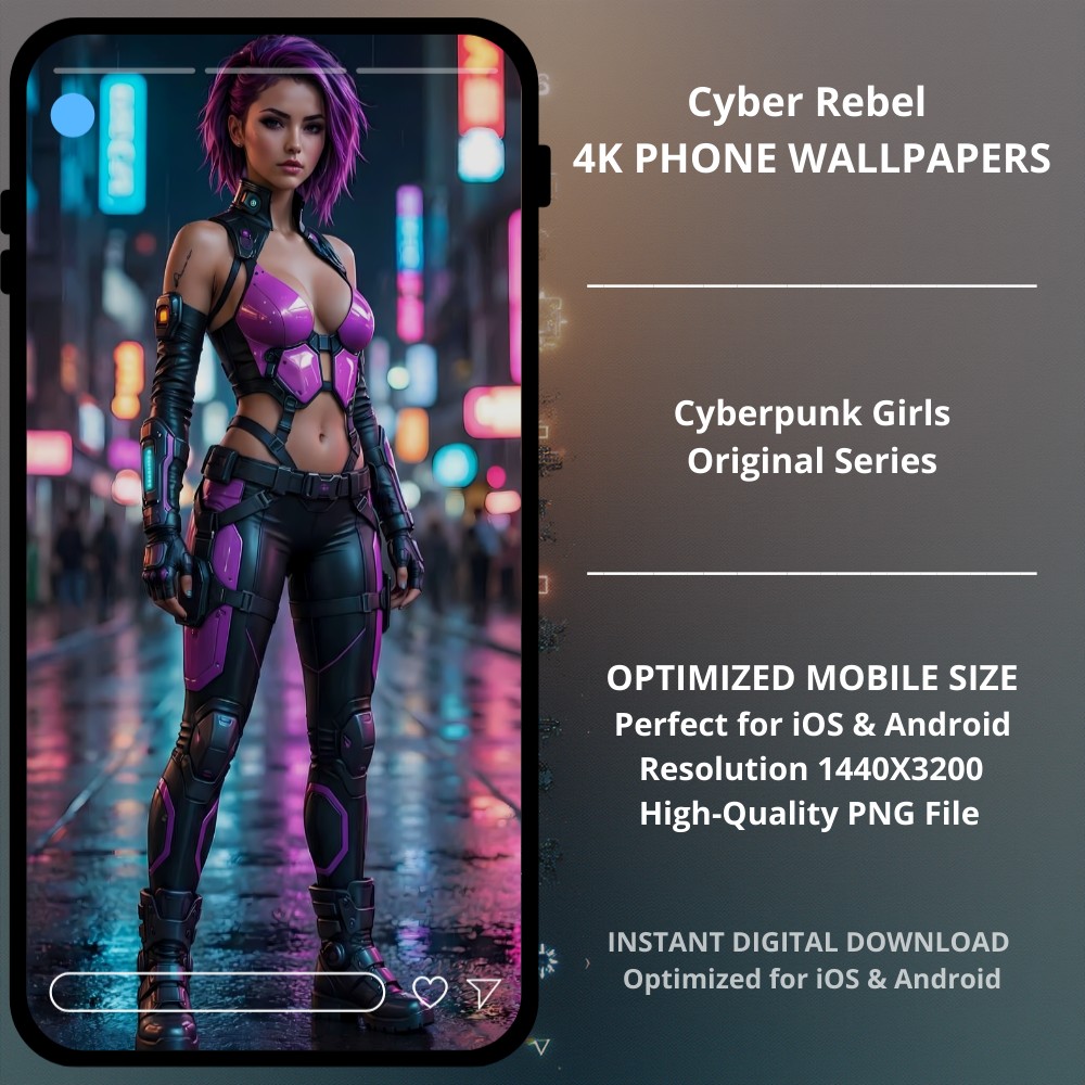 Sci-fi cyberpunk phone wallpaper featuring Cyber Rebel. This wallpaper features a vibrant purple-haired heroine in a detailed black and pink tactical suit set against a rain-slicked neon street. The rain reflections and the soft bokeh of the city lights create an immersive atmosphere that looks incredible on any modern display.