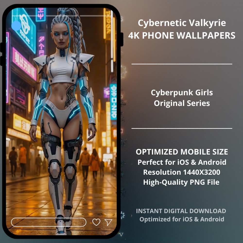 Sci-fi cyberpunk phone wallpaper featuring Cybernetic Valkyrie. Wallpaper featuring a cybernetic warrior in the heart of a glowing metropolis. This exclusive digital art piece from the Cyberpunk Girls: Original Series captures the essence of cyberpunk style, blending human elegance with advanced robotics. The vibrant orange city lights perfectly contrast with the cool blue neon accents of the character, creating a striking visual for your lock screen.