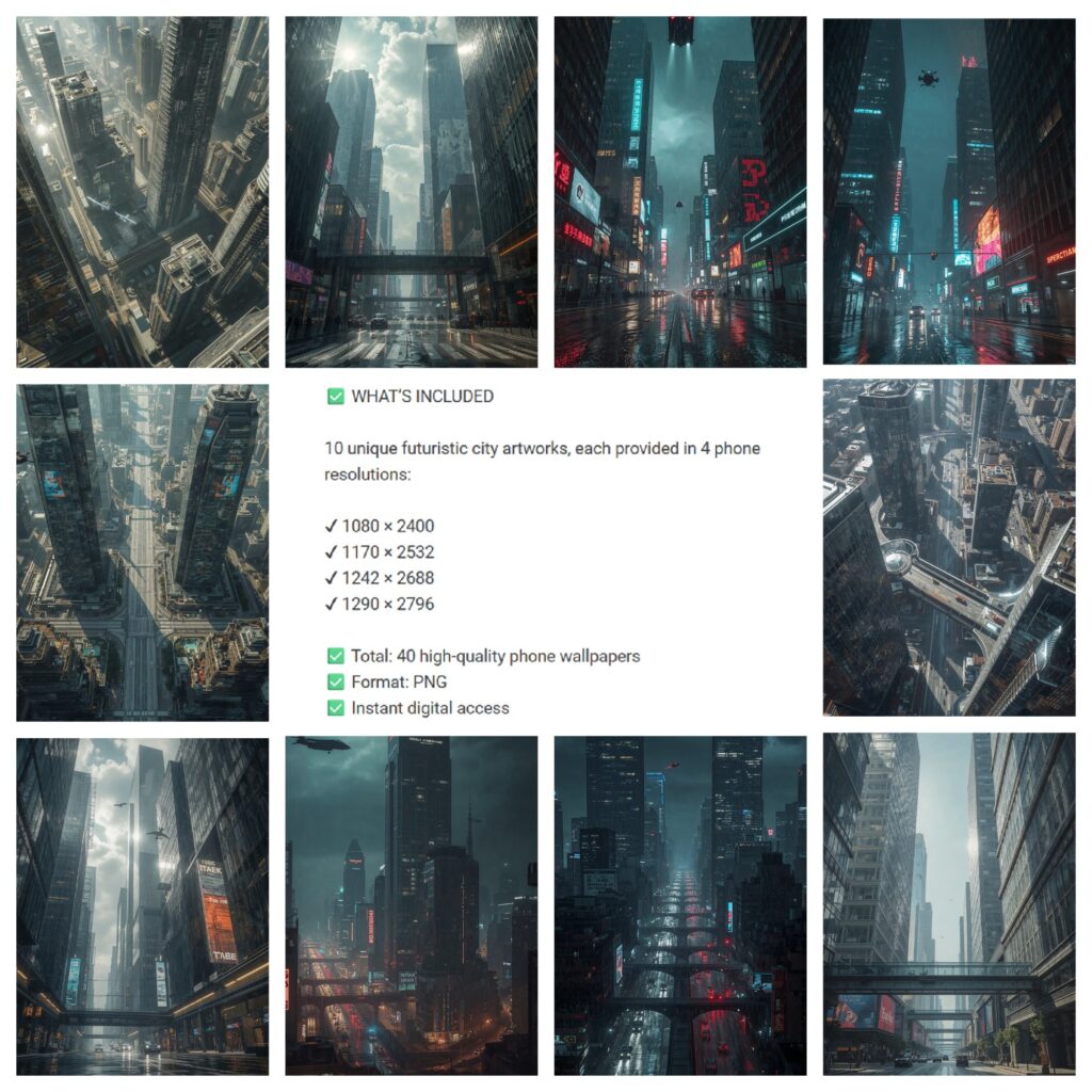Sci-fi cyberpunk phone wallpapers collection featuring Cyberpunk City Bundle. Sci-fi cyberpunk phone wallpapers collection featuring Cyberpunk City Bundle. This collection features: – neon-lit cyberpunk streets – futuristic megacities – rainy night cityscapes – aerial sci-fi architecture – moody urban atmospheres Perfect for fans of: cyberpunk, sci-fi, futuristic aesthetic, modern digital art and cinematic environments.