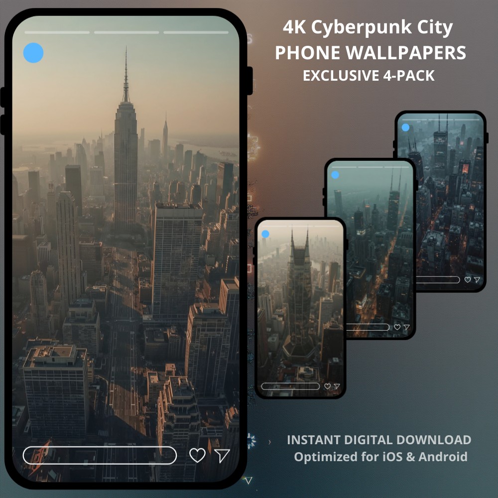 Sci-fi cyberpunk phone wallpapers collection featuring Cyberpunk Futuristic City. These wallpapers capture massive megastructures and endless urban horizons drenched in atmospheric haze and the golden glow of a dying day. This exclusive 4-pack features a curated collection of high-definition wallpapers focusing on the monumental scale of futuristic architecture. From monolithic towers to dense, misty cityscapes, these backgrounds are perfect for anyone who appreciates the raw, industrial side of the cyberpunk genre.