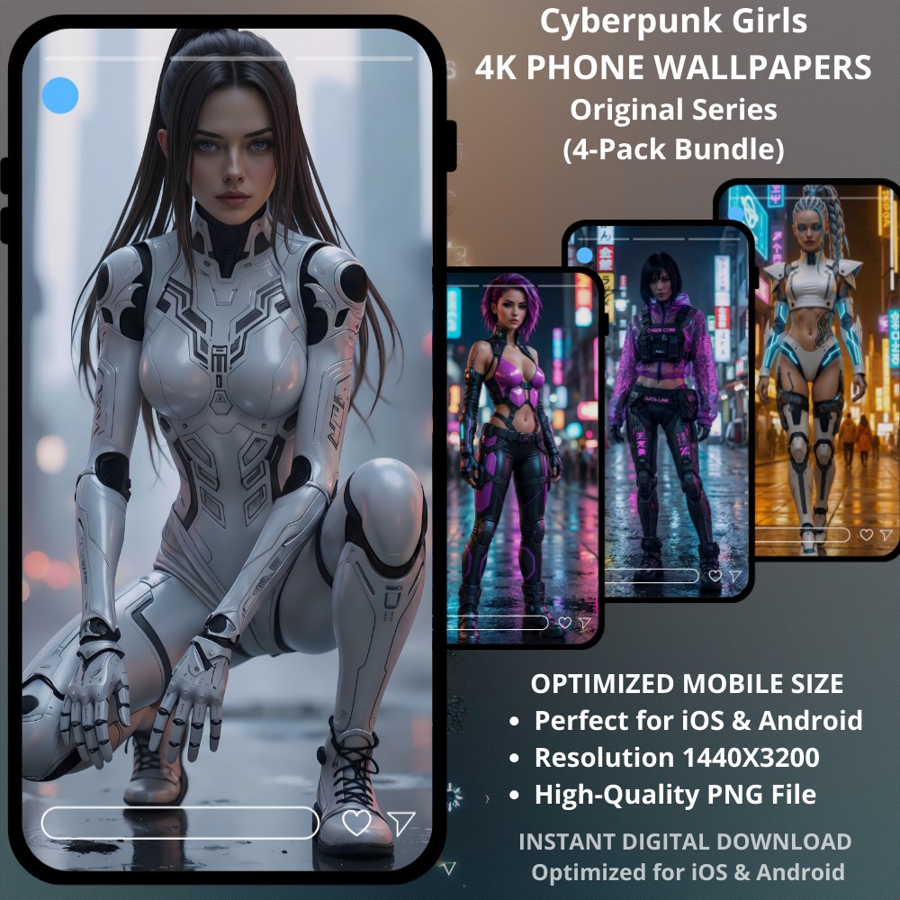 Sci-fi cyberpunk phone wallpapers collection featuring Cyberpunk Girls. Cyberpunk Girls 4-Pack Bundle, Original Series Phone Wallpapers, Futuristic Warrior Androids, Neon Techwear Girls, Ultra HD PNG Mobile Set. From the perlescent armor of the Mecha Soul to the neon-drenched streets of Neo-Tokyo, this curated set is designed for those who want the full cyberpunk aesthetic. Each character is meticulously crafted to showcase vibrant neon colors, intricate mechanical details, and atmospheric urban backgrounds that will make your screen stand out.