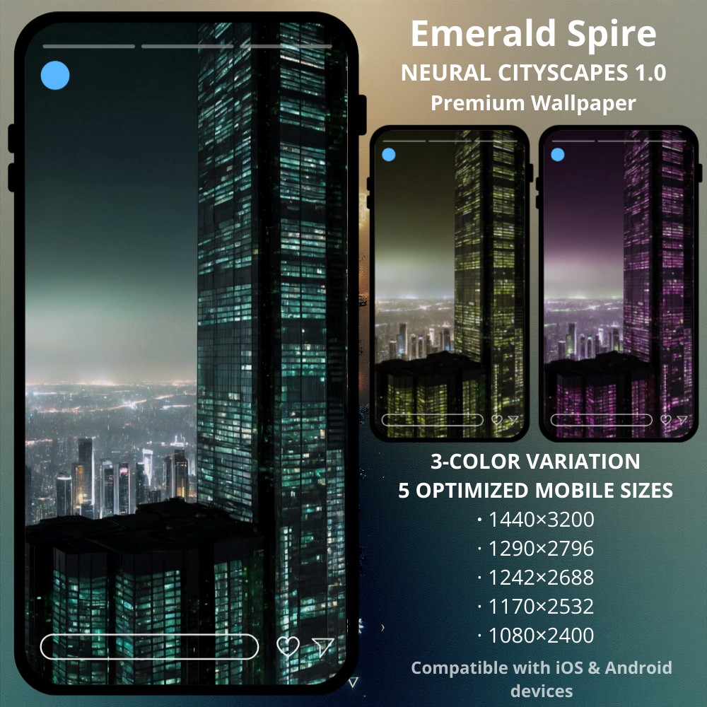 Sci-fi cyberpunk phone wallpaper featuring Emerald Spire NEURAL CITYSCAPES 1.0. A solitary tower rising above the city, silent and luminous. EMERALD SPIRE is a premium cyberpunk wallpaper collection centered on isolation, vertical scale, and restrained atmosphere. A towering structure dominates the skyline, framed by distant city lights and deep shadows — refined, minimal, and engineered for OLED and AMOLED displays.