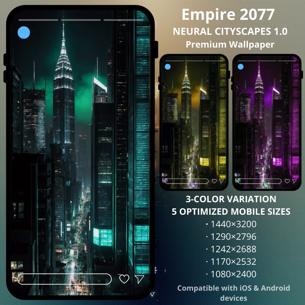 Sci-fi cyberpunk phone wallpaper featuring Empire 2077 NEURAL CITYSCAPES 1.0. Experience the cinematic scale of a future icon rising above the neon haze. EMPIRE 2077 is a premium cyberpunk wallpaper collection crafted to dominate modern mobile screens. Monumental architecture, deep shadows, and razor-sharp highlights come together to create a cinematic cityscape built specifically for OLED and AMOLED displays.