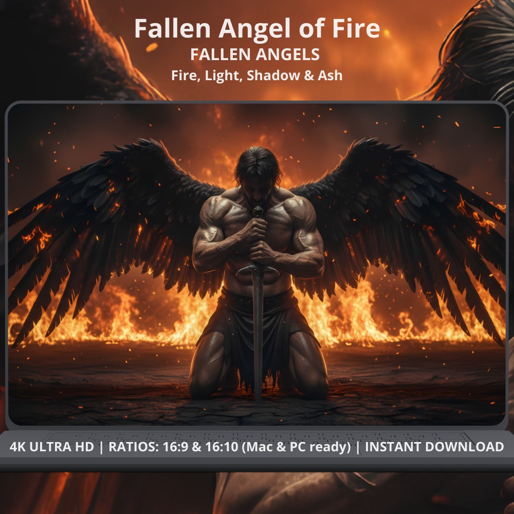 PC Fantasy wallpaper for desktop and laptop screens. Available on Etsy and Gumroad. FALLEN ANGELS Fallen Angel of Fire. Dark fantasy 4K desktop wallpaper featuring a fallen angel with black wings and fire, designed for PC, Mac, gaming setups, and cinematic workspaces.