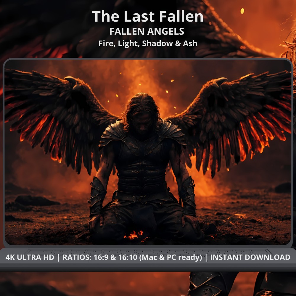 PC Fantasy wallpaper for desktop and laptop screens. Available on Etsy and Gumroad. FALLEN ANGELS The Last Fallen. Dark fantasy 4K desktop wallpaper featuring a battle-worn fallen angel in heavy armor amidst embers and ash, designed for PC, Mac, gaming setups, and cinematic workspaces.