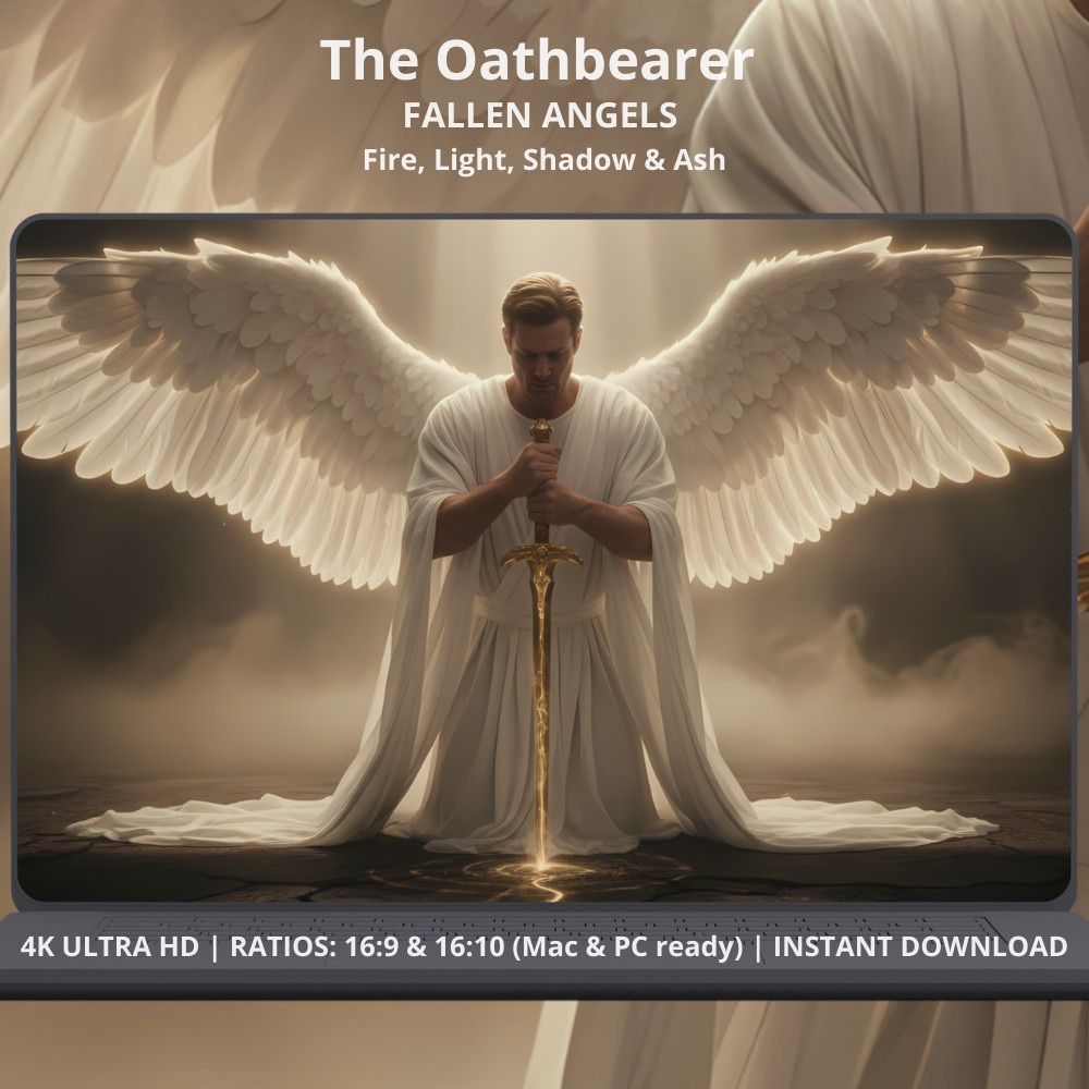PC Fantasy wallpaper for desktop and laptop screens. Available on Etsy and Gumroad. FALLEN ANGELS The Oathbearer. Dark fantasy 4K desktop wallpaper featuring a fallen angel with white wings and divine light, designed for PC, Mac, gaming setups, and cinematic workspaces.