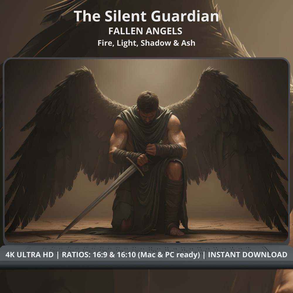 PC Fantasy wallpaper for desktop and laptop screens. Available on Etsy and Gumroad. FALLEN ANGELS The Silent Guardian. Dark fantasy 4K desktop wallpaper featuring a fallen angel with massive black wings in a somber, atmospheric setting, designed for PC, Mac, gaming setups, and cinematic workspaces. "The Silent Guardian" Masterpiece from the "Fire, Light, Shadow & Ash" collection. This premium 4K digital wallpaper captures the quiet strength of a protector, designed to bring a mysterious, grounded, and cinematic atmosphere to your desktop.