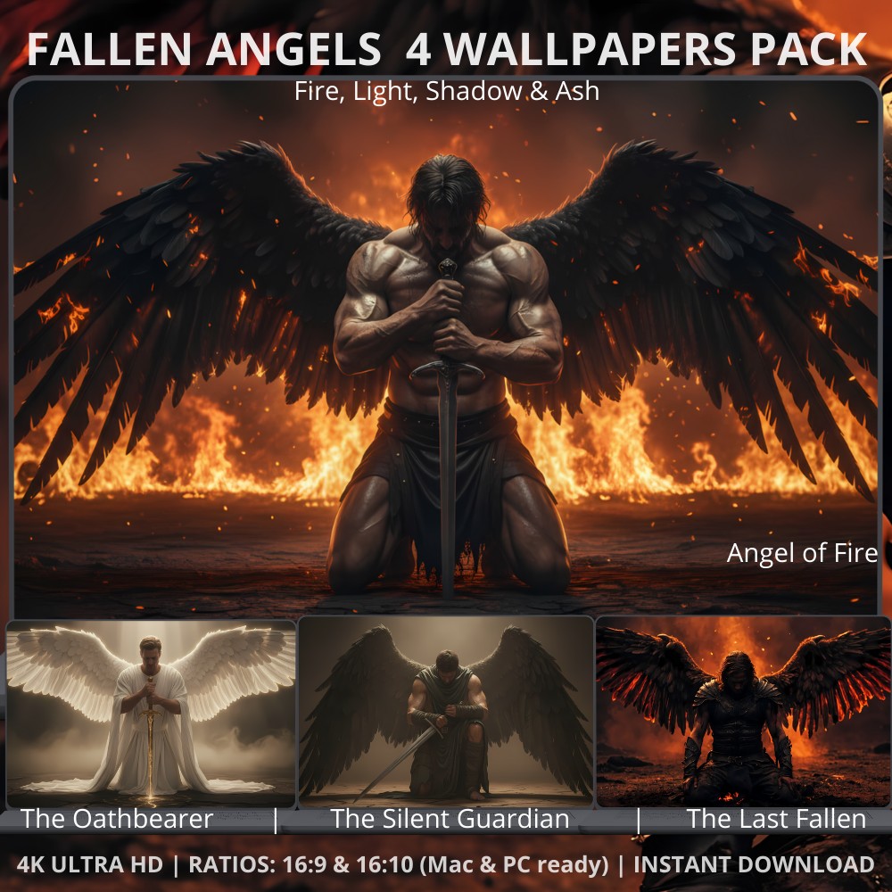 Fantasy wallpaper bundles FALLEN ANGELS for desktop and laptop screens. Available on Etsy and Gumroad. Complete 4-pack of premium 4K dark fantasy desktop wallpapers featuring the full "Fire, Light, Shadow & Ash" collection, designed for PC, Mac, gaming setups, and cinematic workspaces. This ultimate collection brings together four powerful visions of fallen warriors, each capturing a unique atmosphere from ethereal grace to battle-hardened grit. Fallen Angel of Fire The Oathbearer The Silent Guardianresolutions The Last Fallen