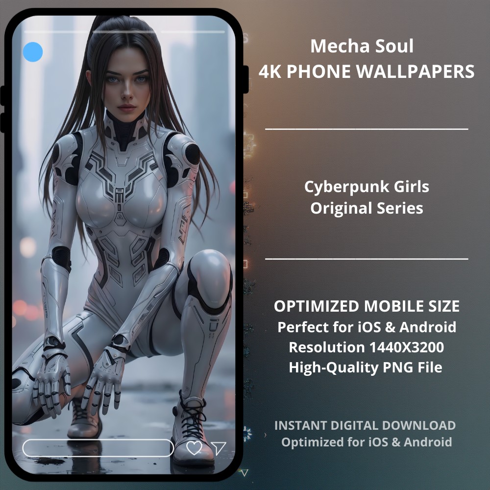 Sci-fi cyberpunk phone wallpaper featuring Mecha Soul. Armor aesthetic featuring a high-tech android warrior in a misty urban landscape. This digital artwork from the Cyberpunk Girls: Original Series brings a sophisticated and clean sci-fi look to your smartphone. The intricate details of the mechanical joints and the soft, atmospheric city lights create a perfect balance of power and elegance.
