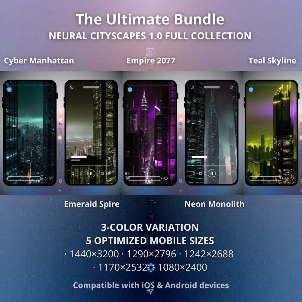 Sci-fi cyberpunk phone wallpapers collection featuring NEURAL CITYSCAPES 1.0 FULL COLLECTION. This is the definitive edition, featuring all 5 iconic cinematic cityscapes in every available colorway. From the deep Matrix-inspired greens of the Emerald set to the industrial gold of Amber and the vibrant synthwave purple of Violet, this bundle offers 15 premium wallpapers to fully customize your device. ALL 5 DESIGNS IN 3 COLOR STYLES Cyber Manhattan (Emerald, Amber, Violet) Emerald Spire (Emerald, Amber, Violet) Empire 2077 (Emerald, Amber, Violet) Neon Monolith (Emerald, Amber, Violet) Teal Skyline (Emerald, Amber, Violet)