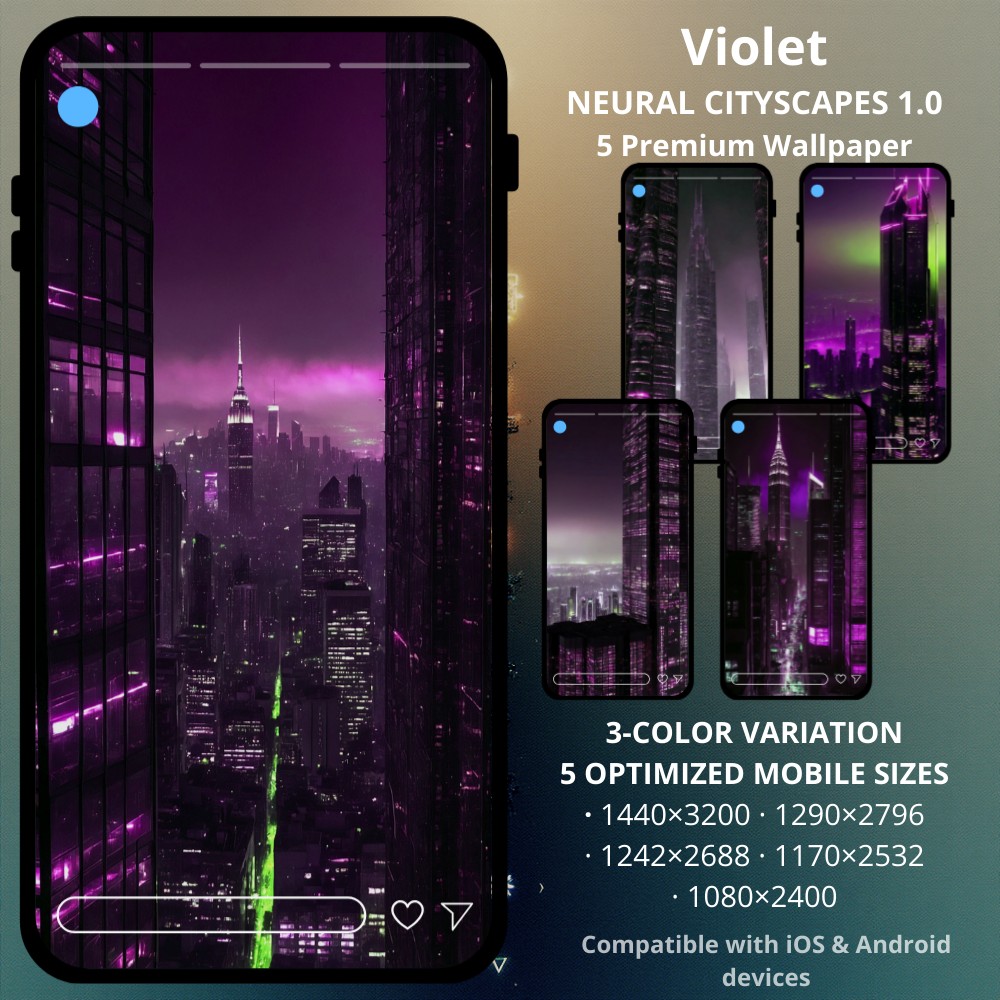 Sci-fi cyberpunk phone wallpapers collection featuring NEURAL CITYSCAPES 1.0 Violet Collection. The complete Violet Collection from the Neural Cityscapes v1.0 series. This bundle features 5 premium cinematic wallpapers in a deep synthwave purple and violet aesthetic. This bundle features the full set of 5 iconic cityscapes in the Violet colorway: Cyber Manhattan Emerald Spire Empire 2077 Neon Monolith Teal Skyline