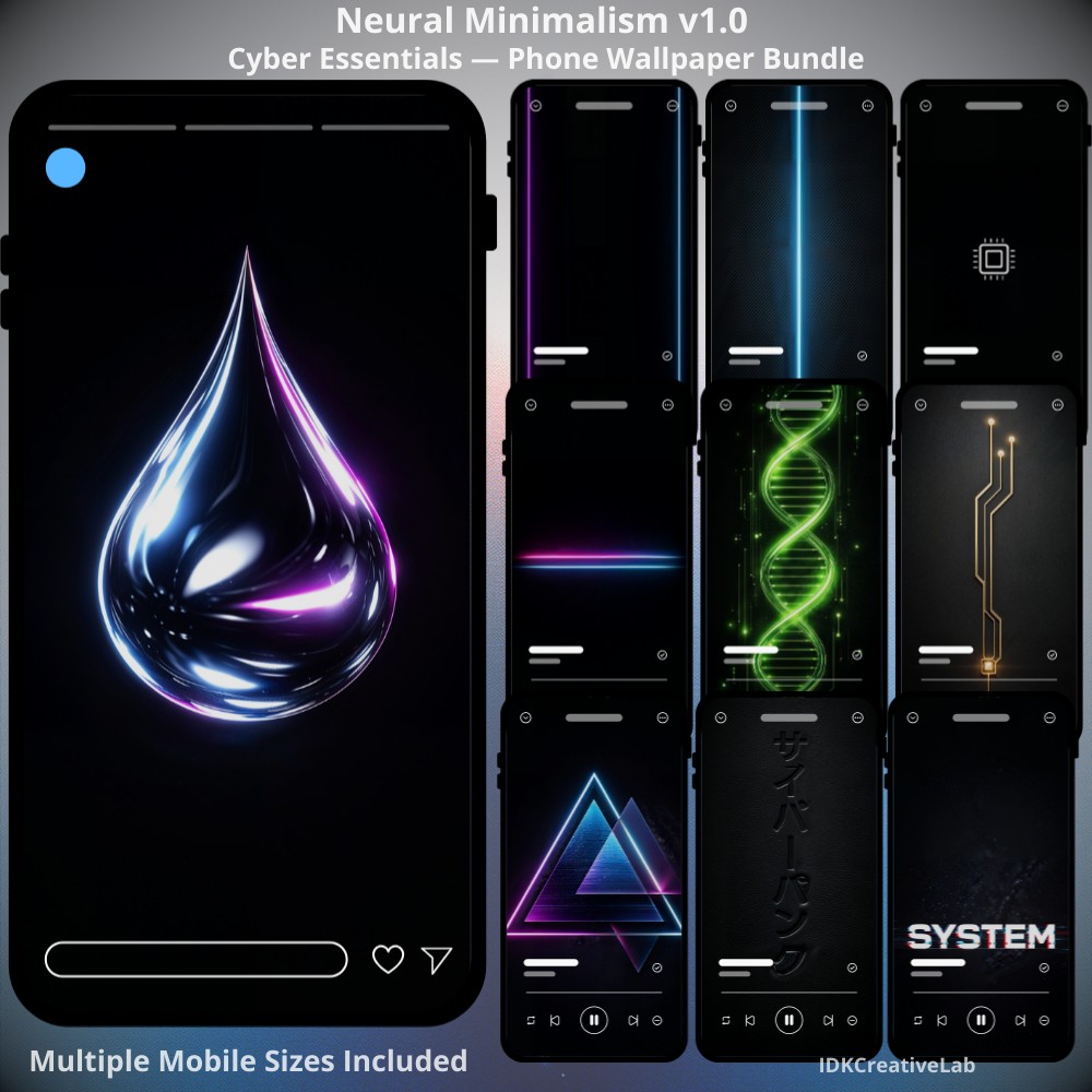 Sci-fi cyberpunk phone wallpapers collection featuring Neural Minimalism v1.0 — Cyber Essentials A premium collection of 10 minimalist cyberpunk phone wallpapers, designed for modern OLED screens and futuristic tech aesthetics. This bundle combines clean minimalism, neon accents, and dark luxury design — perfect for iPhone and Android users who appreciate refined, high-end visuals.