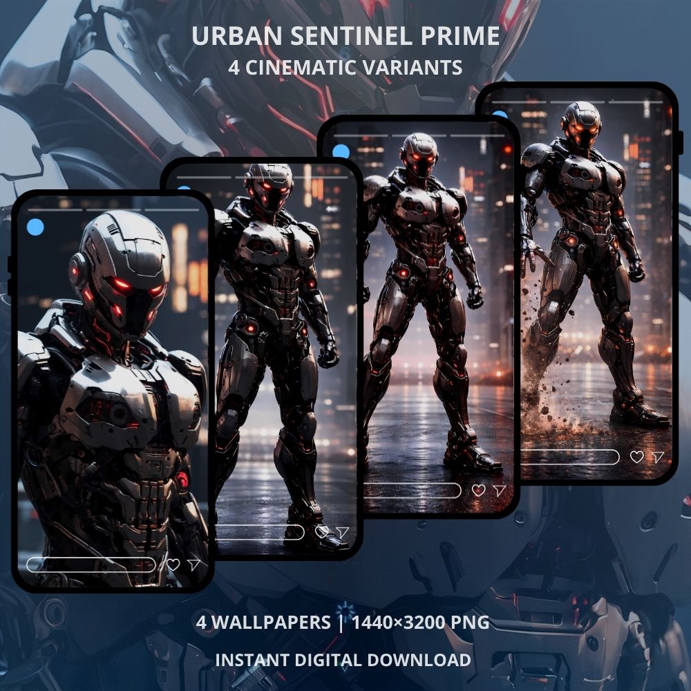Sci-fi cyberpunk phone wallpaper featuring Urban Sentinel PRIME. Urban Sentinel PRIME presents an elite cybernetic guardian showcased in four cinematic variants. From a clean hero stance to a high-impact action composition, each version highlights precision mechanical detailing, glowing neural elements, and a high-tech urban atmosphere.