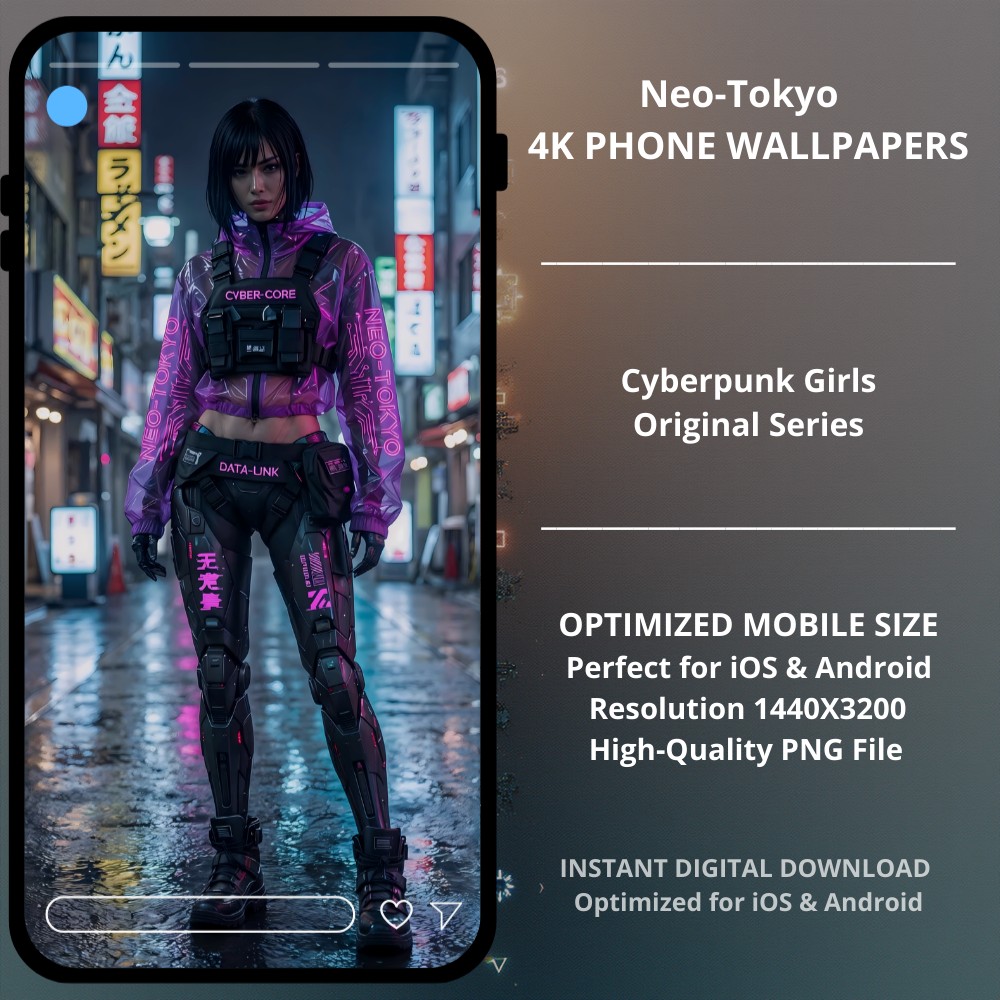 Sci-fi cyberpunk phone wallpaper featuring Neo-Tokyo Streetwear. wallpaper from the Cyberpunk Girls: Original Series. This piece captures the raw energy of a futuristic Tokyo street, featuring a character in a translucent purple bomber jacket and tactical gear. The vivid pink and purple tones will make your phone screen pop with color and personality.