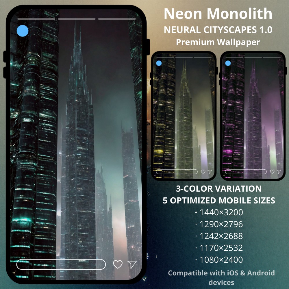 Sci-fi cyberpunk phone wallpaper featuring Neon Monolith NEURAL CITYSCAPES 1.0. Experience the oppressive scale of a futuristic megastructure piercing the neon haze. NEON MONOLITH is a premium cyberpunk wallpaper collection focused on vertical dominance and dystopian atmosphere. Towering architecture, dense urban layers, and cold neon light come together to create a cinematic cityscape engineered specifically for OLED and AMOLED displays.