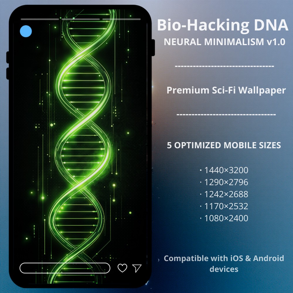 Sci-fi cyberpunk phone wallpaper featuring Neutral Minimalism v1.0 - Bio Hacking DNA. A premium minimalist cyberpunk phone wallpaper, part of the Neural Minimalism v1.0 series. This design features a glowing green neon DNA double helix with digital data particles — optimized for OLED screens to provide a high-contrast, bio-tech aesthetic on a deep black background. Perfect for iPhone and Android users who love sci-fi, genetics, and futuristic medical-tech themes.