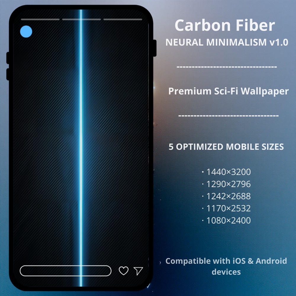 Sci-fi cyberpunk phone wallpaper featuring Neutral Minimalism v1.0 - Carbon Fiber. A premium minimalist cyberpunk phone wallpaper, part of the Neural Minimalism v1.0 series. This design features a high-detail carbon fiber texture sliced by a sharp, electric blue neon beam — optimized for deep OLED blacks and futuristic tech aesthetics. Perfect for iPhone and Android users who want a refined, high-end look without the clutter.