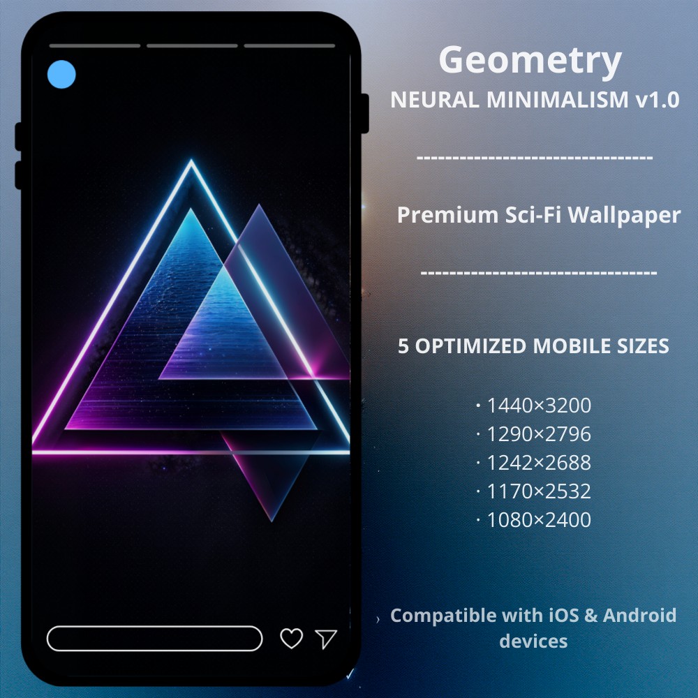 Sci-fi cyberpunk phone wallpaper featuring Neutral Minimalism v1.0 - Geometry. A premium minimalist cyberpunk phone wallpaper, part of the Neural Minimalism v1.0 series. This design features glowing neon geometric triangles with deep purple and blue light gradients — optimized for OLED screens to create a striking, futuristic depth effect on a pure black background. Perfect for iPhone and Android users who love clean, synthwave-inspired geometric art.