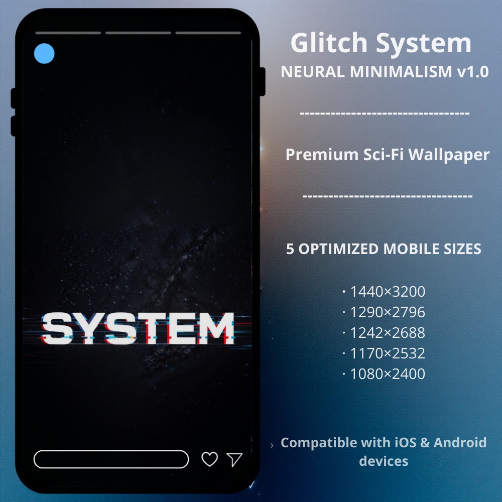 Sci-fi cyberpunk phone wallpaper featuring Neutral Minimalism v1.0 - Glitch System. A premium minimalist cyberpunk phone wallpaper, part of the Neural Minimalism v1.0 series. This design features a high-end "SYSTEM" glitch aesthetic with subtle chromatic aberration on a deep space black background — optimized for OLED screens to provide a sharp, futuristic digital look. Perfect for iPhone and Android users who appreciate tech-noir and digital distortion styles.