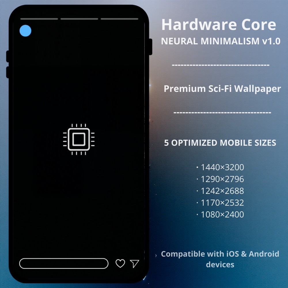 Sci-fi cyberpunk phone wallpaper featuring Neutral Minimalism v1.0 - Hardware Core. A premium minimalist cyberpunk phone wallpaper, part of the Neural Minimalism v1.0 series. This design features a clean, white CPU processor icon centered on a deep OLED black background — optimized for maximum battery efficiency and a professional, high-tech hardware aesthetic. Perfect for iPhone and Android users who love computer hardware, engineering, and ultra-minimalist digital themes.