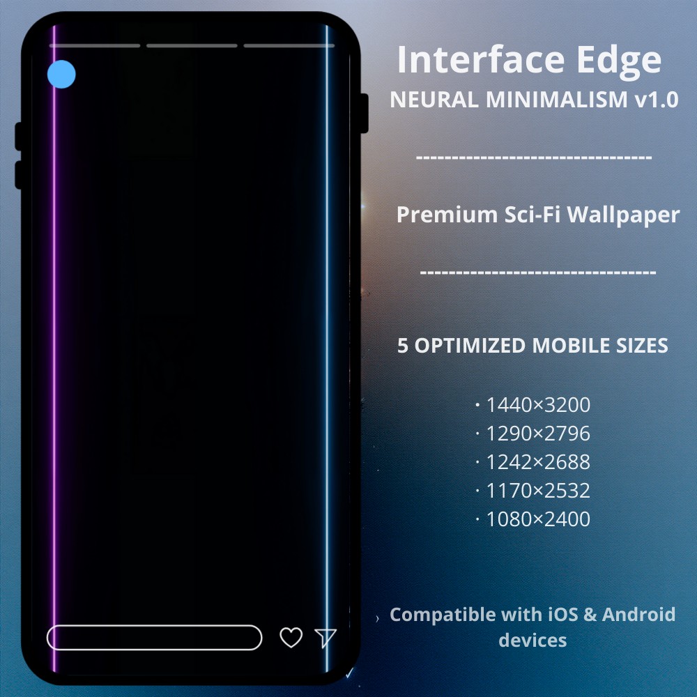 Sci-fi cyberpunk phone wallpaper featuring Neutral Minimalism v1.0 - Interface Edge. A premium minimalist cyberpunk phone wallpaper, part of the Neural Minimalism v1.0 series. This design features sleek, dual-color neon borders in purple and cyan, framing a pure OLED black core — optimized for a clean, futuristic "HUD" interface look. Perfect for iPhone and Android users who want a high-tech frame aesthetic without distracting from their app icons.