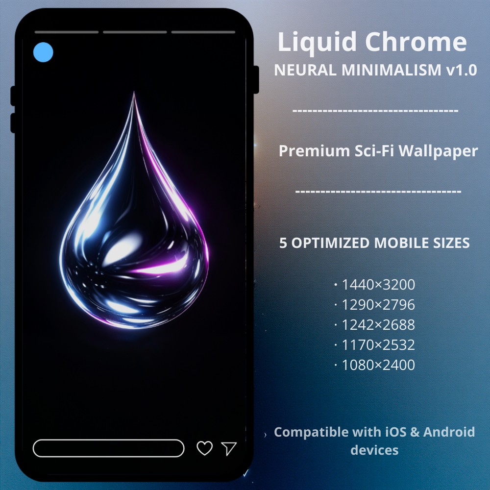 Sci-fi cyberpunk phone wallpaper featuring Neutral Minimalism v1.0 - Liquid Chrome. A premium minimalist cyberpunk phone wallpaper, part of the Neural Minimalism v1.0 series. This design features a high-gloss, liquid chrome drop with iridescent purple and blue reflections — optimized for OLED screens to provide a striking 3D fluid effect on a pure black background. Perfect for iPhone and Android users who love metallic textures, organic futuristic shapes, and high-contrast digital art.