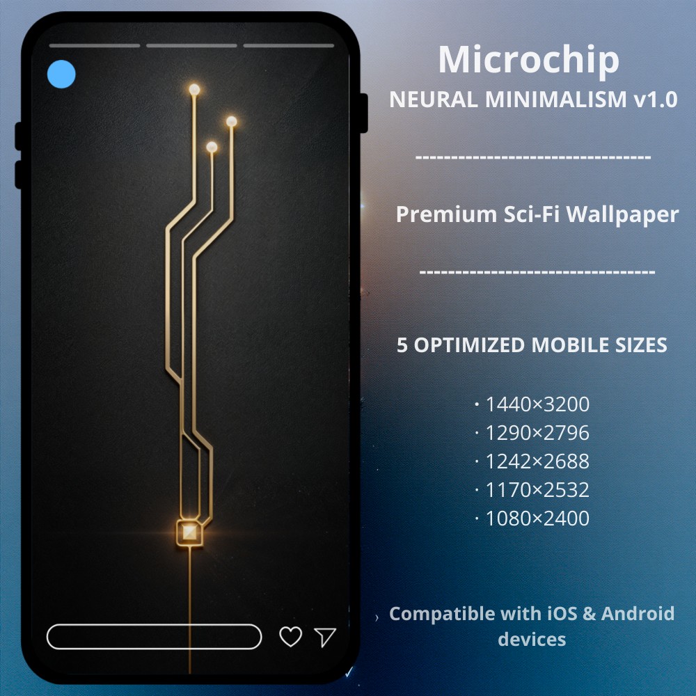 Sci-fi cyberpunk phone wallpaper featuring Neutral Minimalism v1.0 - Microchip. A premium minimalist cyberpunk phone wallpaper, part of the Neural Minimalism v1.0 series. This design features an elegant, golden circuit board trace on a deep matte black background — optimized for OLED screens to provide a sophisticated, high-tech luxury feel. Perfect for iPhone and Android users who appreciate clean, technical aesthetics.