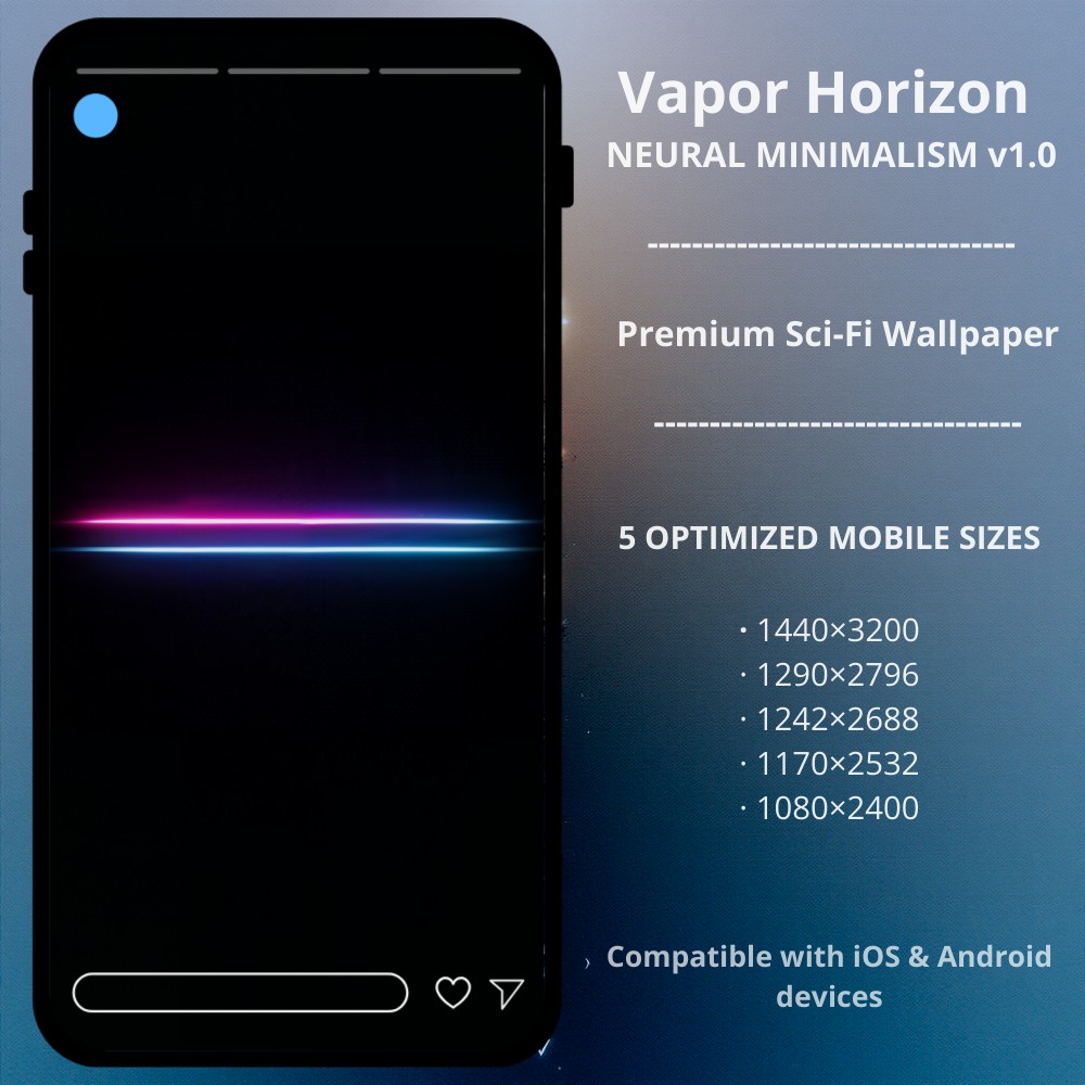 Sci-fi cyberpunk phone wallpaper featuring Neutral Minimalism v1.0 - Vapor Horizon. A premium minimalist cyberpunk phone wallpaper, part of the Neural Minimalism v1.0 series. This design features a sharp, glowing horizon line with pink and blue synthwave gradients — optimized for OLED screens to provide a sleek, retro-futuristic look on a pure black background. Perfect for iPhone and Android users who love vaporwave aesthetics and clean, cinematic lighting.