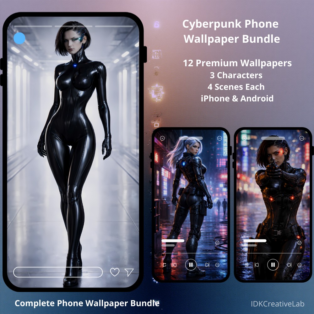 Sci-fi cyberpunk phone wallpapers collection featuring a premium collection of futuristic sci-fi female characters, designed as high-quality phone wallpapers for iPhone and Android devices. This bundle includes 3 unique cyberpunk characters, each presented in 4 cinematic scenes, carefully optimized for multiple phone screen sizes. CHARACTERS INCLUDED City Enforcer Cyber Infiltrator Silver-Haired Warrior