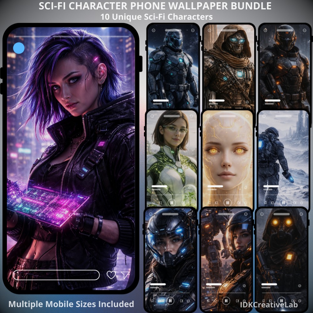 Sci-fi cyberpunk phone wallpapers collection featuring SCI-Fi charakters 10 pack. A premium collection of 10 unique sci-fi characters, designed as high-quality phone wallpapers for modern iPhone and Android devices. CHARACTERS INCLUDED Orbital Sentinel Desert Tech Nomad Neon Core Hacker Bio Engineer (Green City) Void Bounty Hunter Synthetic Oracle Starship Pilot Urban Mech Operator Ice Planet Explorer Rogue Android