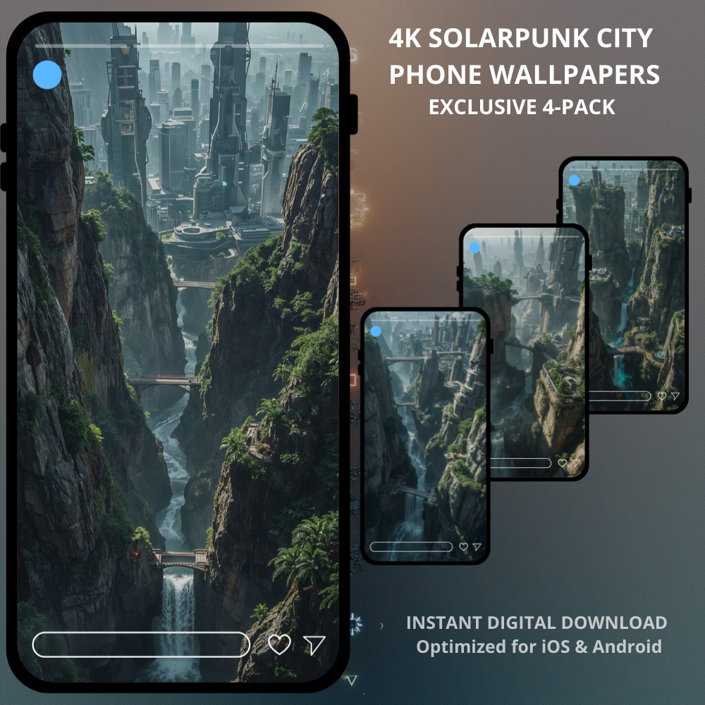 Sci-fi cyberpunk phone wallpapers collection featuring SOLARPUNK Futuristic City. View of a futuristic eco-city where high-tech skyscrapers blend seamlessly with cascading waterfalls and lush vertical gardens. This exclusive 4-pack features a curated collection of high-definition wallpapers that combine the raw beauty of nature with visionary architecture. Perfect for fans of solarpunk aesthetics and sci-fi landscapes.