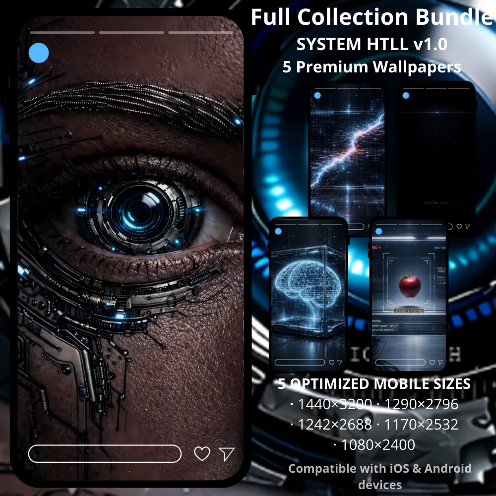 Sci-fi cyberpunk phone wallpapers collection featuring SYSTEM HTLL v1.0 .