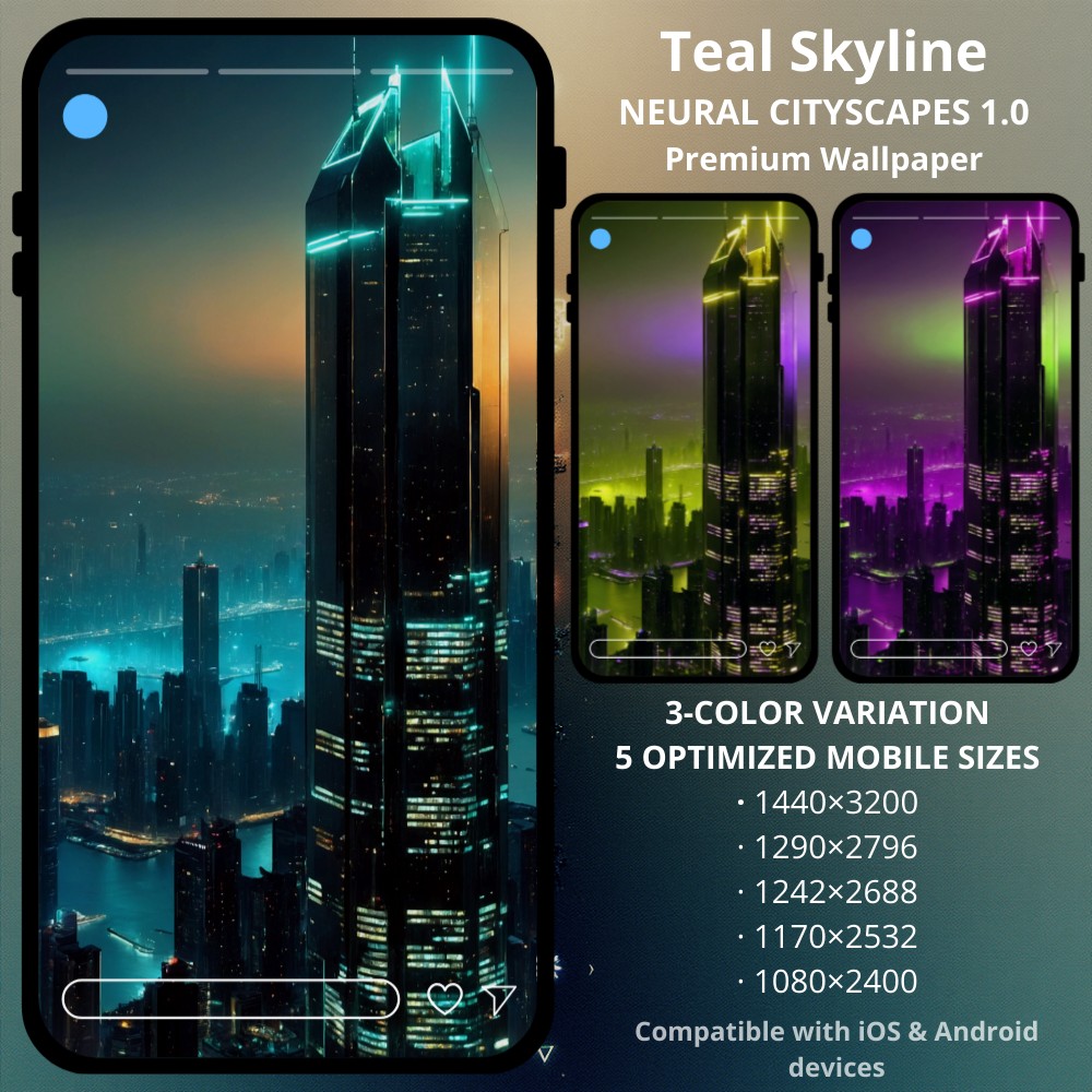 Sci-fi cyberpunk phone wallpaper featuring Teal Skyline NEURAL CITYSCAPES 1.0. Witness a luminous tower rising above a city drowned in light and atmosphere. TEAL SKYLINE is a premium cyberpunk wallpaper collection built around clean geometry, glowing edges, and expansive skyline views. A singular megastructure dominates the horizon, framed by neon accents and deep shadows — engineered specifically for OLED and AMOLED displays.