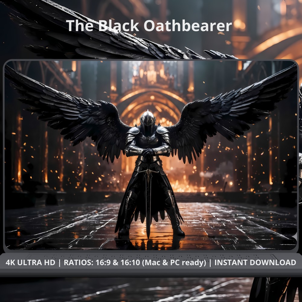 PC Fantasy wallpaper for desktop and laptop screens. The Black Oathbearer. Available on Etsy. Epic dark fantasy 4K desktop wallpaper featuring a black-winged angel knight, forged in shadow and fire. This artwork portrays a fallen yet unbroken guardian — a silent warrior standing amidst embers and darkness. Designed for dramatic PC and Mac setups, gaming battlestations, and cinematic workspaces.