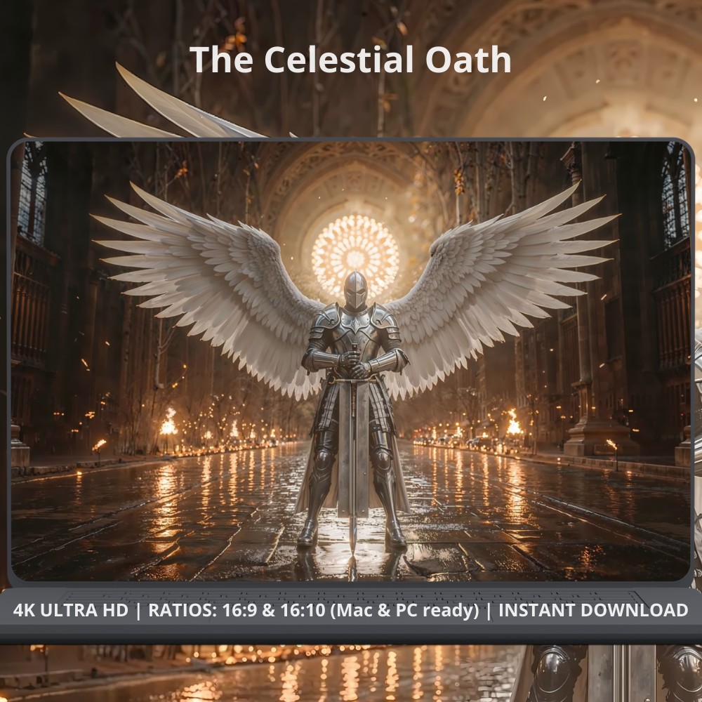 PC Fantasy wallpaper for desktop and laptop screens. The Celestian Oath. Available on Etsy. Majestic light fantasy 4K desktop wallpaper featuring a celestial angel knight bathed in divine radiance. This artwork captures a sacred guardian sworn to light and balance — a symbol of purity, strength, and eternal vigilance. Designed for elegant PC and Mac setups, minimalist desks, and cinematic environments.